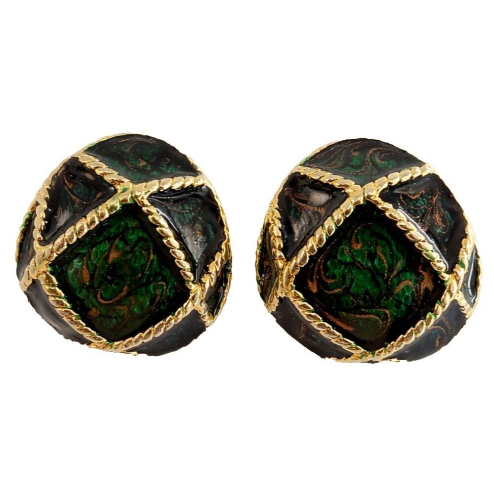 Vintage 1980s Black Enamel & Emerald Marbled Gold Tone Earrings Green Statement